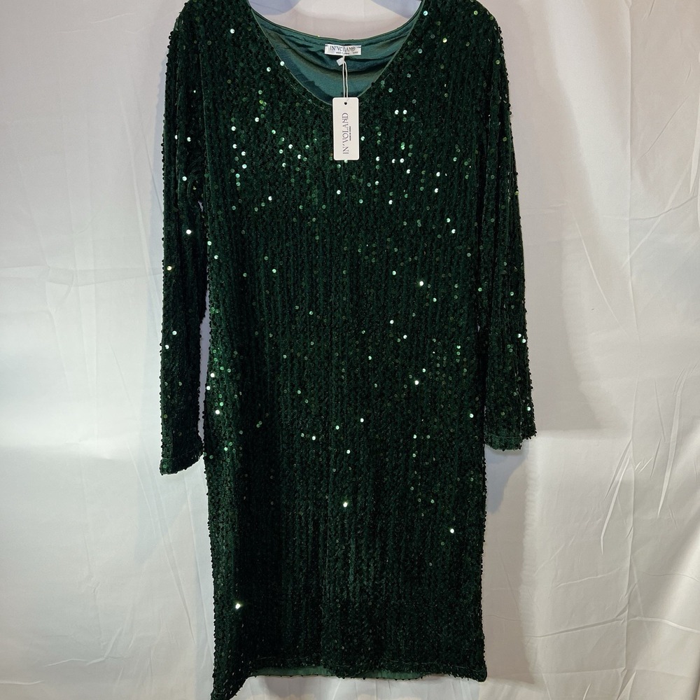 NWT In'Voland Womens 14W Sequin Bodycon Dress Emerald‎ Green Long Sleeve